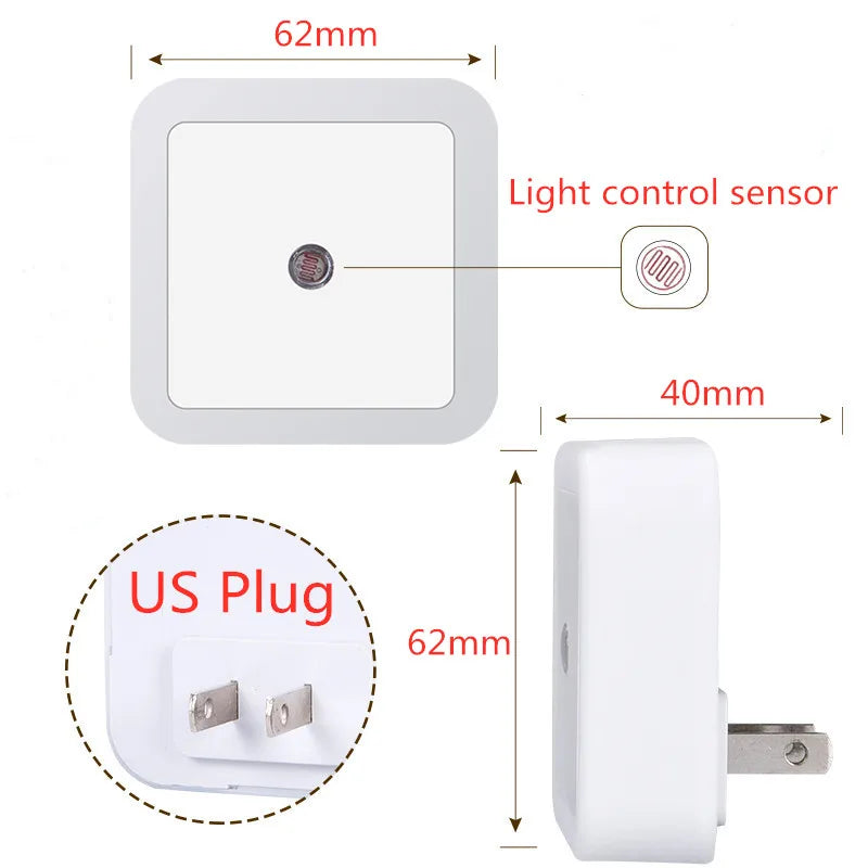 Mini LED Night Light EU/US/UK Plug Light Sensor Square Shape Nights Lamp For Kid's Room Bedroom Bedside Aisle Corridor 110V 240V