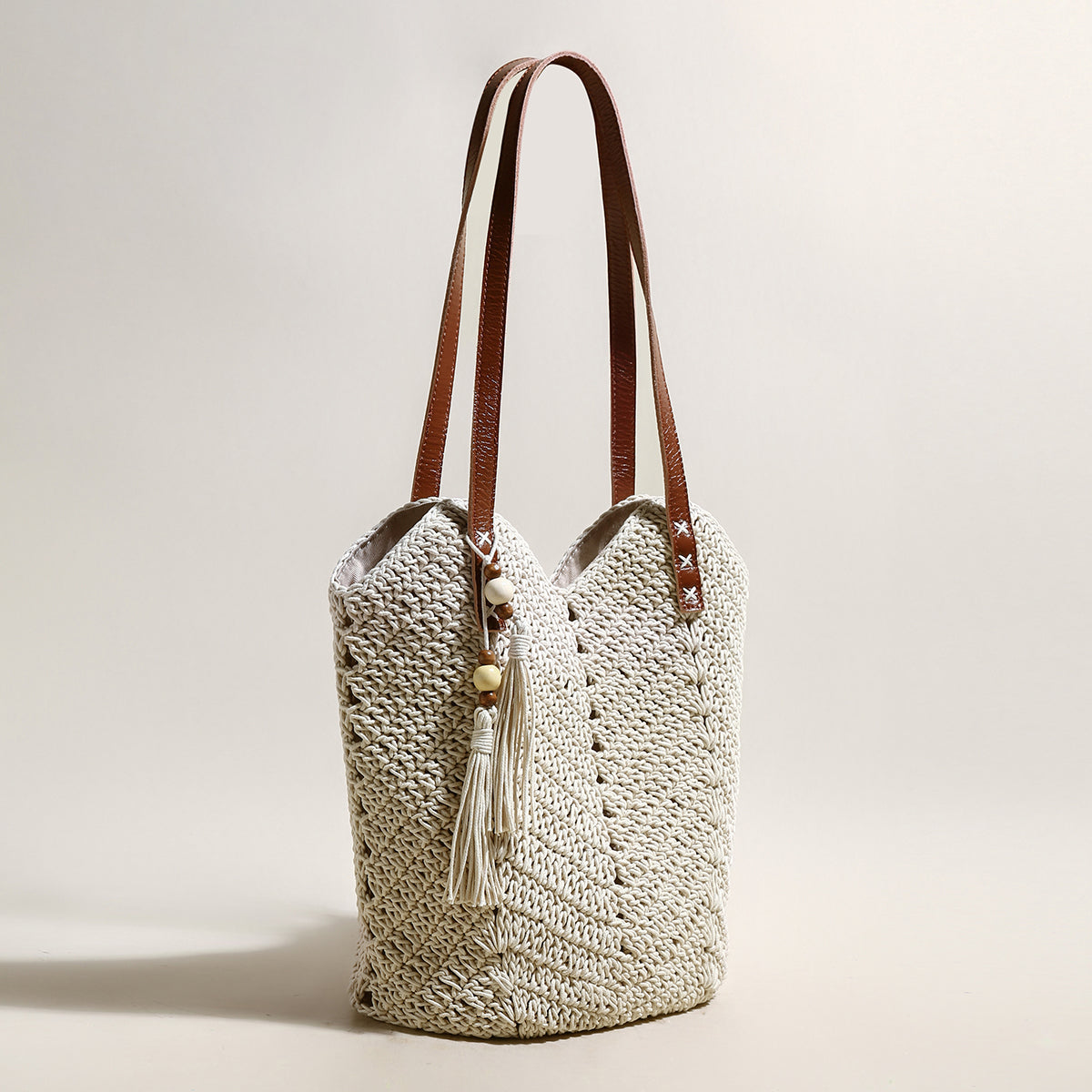 White Boho Chic Leather Strap Crochet Tote Bag