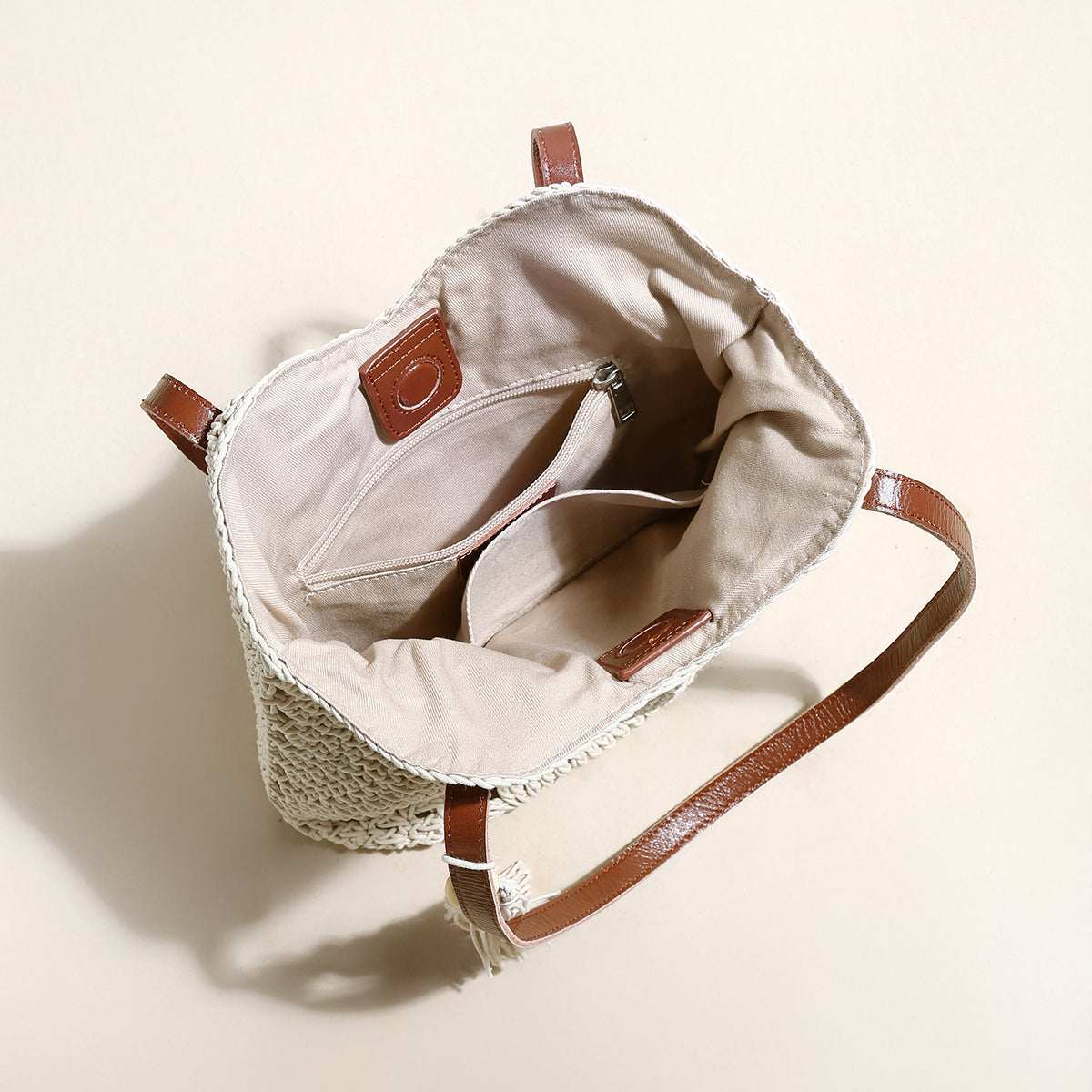 White Boho Chic Leather Strap Crochet Tote Bag